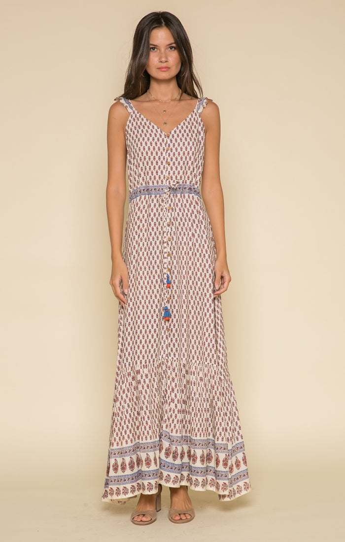 raga maxi dress Raga Dresses Button Up V Neck Ruffle Trim Tassel Tie Printed Maxi Dress S / Ivory